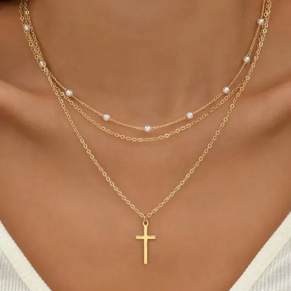 MEDFOLY 3pcs Gold Charm Necklace For Women Star Pearl Cross Pendant Neckalces Dainty 14K Gold Plated Summer Beach Jewelry Gifts